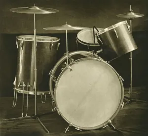 A set of percussion instruments (drums and cymbals) of Czechslovak manufacture, 1948
