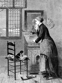 Seule à La Maison, by C. Bisschop, in the Exhibition of French and Flemish Art, Pall-Mall, 1864. Creator: W Thomas