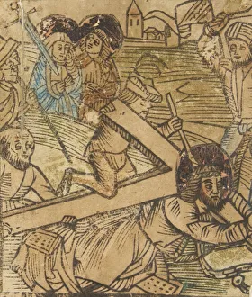 Woodcut Hand Colored Prints: One of the Seven Falls of Christ (Schr. 655), 15th century. 15th century. Creator: Anon