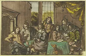 Discussion Prints: Seven gentlemen sitting in a room around a green table