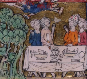 Sanc Grael Prints: Seven hands appear from Heaven casting fire upon Moys, c1300-c1350. Creator: Unknown