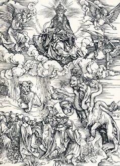 Horned Gallery: The Seven-Headed Beast and the Beast with Lamb`s Horns, 1498 (1906). Artist: Albrecht Durer