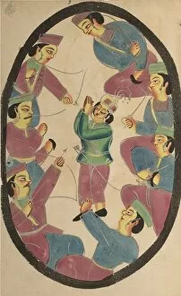 Black Ink Gallery: Seven Heroes or Warriors Killing Abhimanya, Son of Arjuna, 1800s. Creator: Unknown
