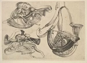 Hollar Collection: Seven hunting horns in three groupings, 1625-77. Creator: Wenceslaus Hollar