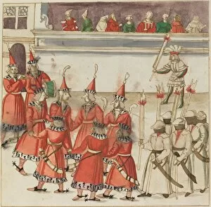 Masked Ball Gallery: Seven Men in Red Gathered in a Circle, c. 1515. Creator: Unknown
