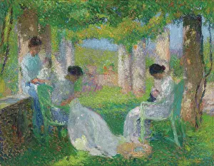 Pergola Prints: Sewing under the large pergola. Creator: Martin, Henri (1860-1943)
