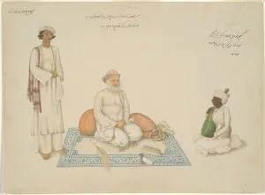 Company School Prints: Shah Inayat Allah of Sind with his Musician Makkhu and his Attendant Shaykh Qiyam... c