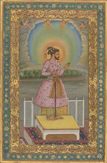 Script Gallery: Shah Jahan on a Terrace, Holding a Pendant Set With His Portrait, Folio... 1627-28