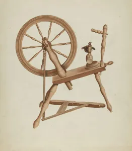 Cronk Lon Prints: Shaker Flax Spinning Wheel, c. 1936. Creator: Lon Cronk