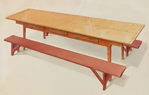 Alfred H Prints: Shaker Refectory Table with Benches, c. 1936. Creator: Alfred H. Smith