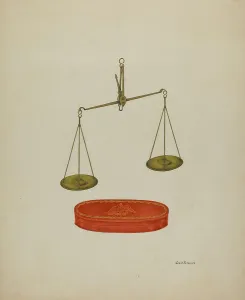 Weighing Device Prints: Shaker Scales, c. 1938. Creator: George V. Vezolles