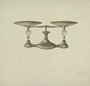 Weighing Device Prints: Shaker Scales, c. 1941. Creator: George V. Vezolles