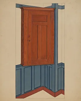 Cronk Lon Prints: Shaker Small Corner Cupboard, c. 1937. Creator: Lon Cronk