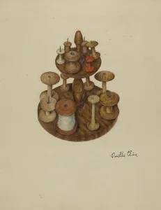 Shaker Prints: Shaker Spool Rack and Spools, c. 1939. Creator: Orville Cline