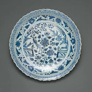 Shallow Dish with Long-Tailed Birds in a Garden of Stylized