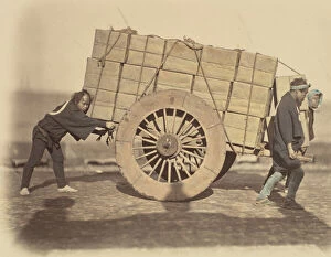 Albumen Silver Print From Glass Negative With Applied Color Gallery: Shariki, or Cart-Pushing Coolies, ca. 1860. Creator: Felice Beato