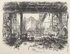 Shipbuilding Gallery: Under the Shed, 1917. Creator: Joseph Pennell