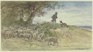Stormy Prints: Sheep flock in a storm under a tree, 1881. Creator: Anton Burger