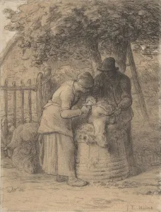 Jean Francois Prints: Sheepshearing Beneath a Tree, ca. 1854. Creator: Jean Francois Millet