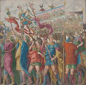 Trumpet Players Prints: Sheet 1: Soldiers carrying banners depicting Julius Caesars triumphant military exploits