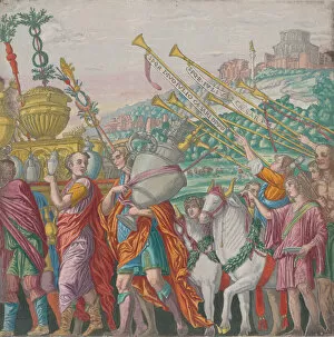 Andrea Andriano Gallery: Sheet 4: Men carrying trophies at left, trumpeters at right