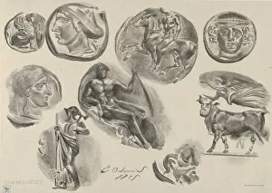 Images Dated 28th April 2020: Sheet of Nine Antique Coins, 1825. 1825. Creator: Eugene Delacroix