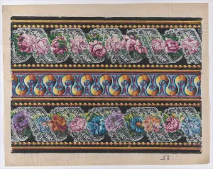 Sheet with a border with floral garlands and lace on a black backgro... late 18th-mid-19th century. Creator: Anon Sheet with a border with floral garlands and lace on a black backgro... late 18th-mid-19th century. Creator: Anon