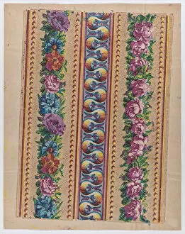 Sheet with a border with pink and multicolor floral garlands, late 1... late 18th-mid-19th century. Creator: Anon