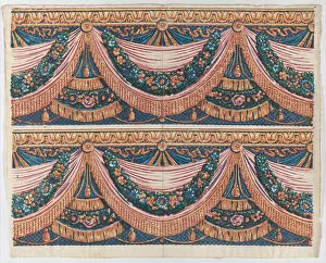 Curtains Collection: Sheet with two borders with draped curtains and floral garlands, lat