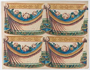 Curtains Collection: Sheet with two borders with drapery and floral designs, late 18th-mi