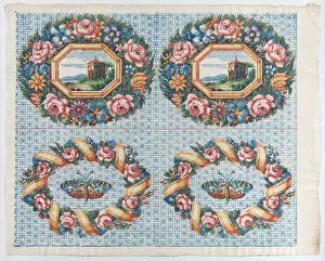 Insects Gallery: Sheet with two borders with a landscape and moth within wreaths, lat