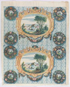 Gondolieri Prints: Sheet with two borders with landscapes within frames and wreaths