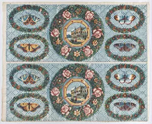 Sheet with two borders with landscapes and moths within wreaths, lat... late 18th-mid-19th century. Creator: Anon