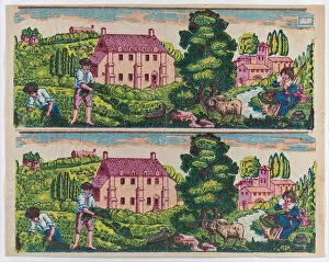 Sheet with two borders with pastoral landscapes, late 18th-mid-19th... late 18th-mid-19th century. Creator: Anon