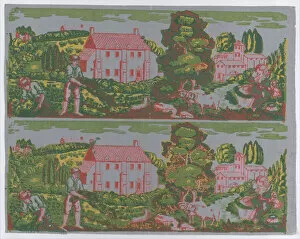 Sheet with two borders with pastoral landscapes on a gray background... late 18th-mid-19th century. Creator: Anon