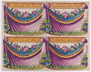 Curtains Collection: Sheet with two borders with purple drapery and floral designs, late... late 18th-mid-19th century