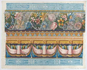 Curtain Collection: Sheet with lace atop a floral garland with drapery below, late 18th