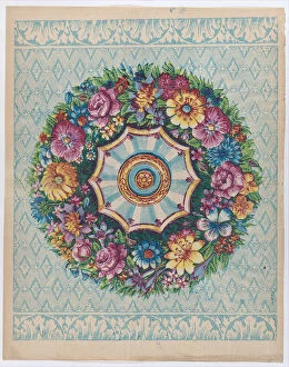 Sheet with a large floral wreath, late 18th-mid-19th century. late 18th-mid-19th century. Creator: Anon
