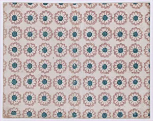 Relief Print Prints: Sheet with overall pattern of pink flowers with blue centers, 19th century. Creator: Anon