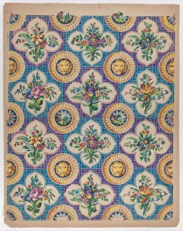 Orange Colour Gallery: Sheet with pattern of bouquets and lion heads, late 18th-mid-19th ce... late 18th-mid-19th century