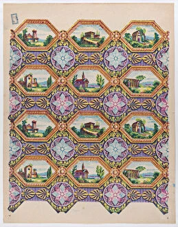 Sheet with pattern of brightly colored landscapes in hexagonal frame... late 18th-mid-19th century. Creator: Anon