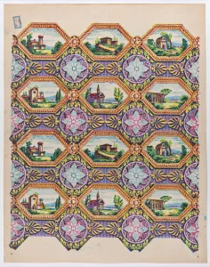 Relief Print Prints: Sheet with pattern of brightly colored landscapes in hexagonal frame