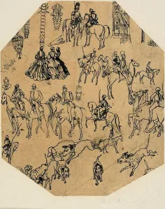 Bresdin Rodolphe Prints: Sheet of Sketches: Hounds, Riders, Ladies. Architectural Elements, Insects, n. d