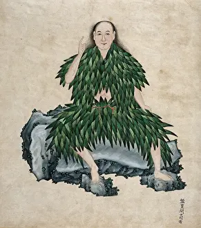Garment Prints: Shen Nung seated on a rock, wearing simple garments fashioned from leaves