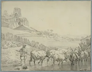 Ditch Prints: Shepherd with cattle on a river bank. Creator: Unknown