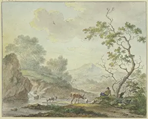 Waters Edge Prints: A shepherd with a cow and goats is by a waterfall. Creator: Johannes Christiaan Janson