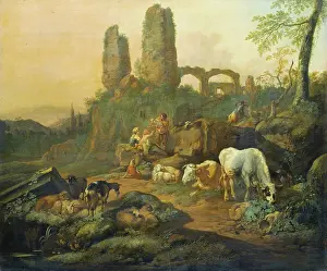 1670s Prints: Shepherd Family Resting near an Ancient Ruin, 1680. Creator: Johann Heinrich Roos