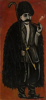 Pirosmani Prints: Shepherd in a Felt Cloak against a Red Background. Artist: Pirosmani, Niko (1862-1918)