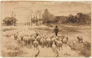Anton Mauve Gallery: Shepherd with His Flock, c. 1870. Creator: Anton Mauve (Dutch, 1838-1888)