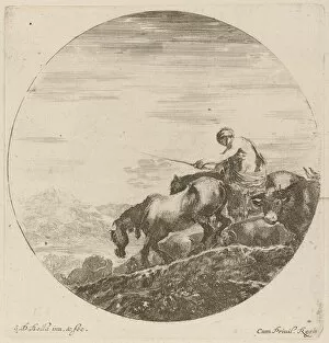 Shepherd on a Horse Driving a Herd of Various Animals. Creator: Stefano della Bella